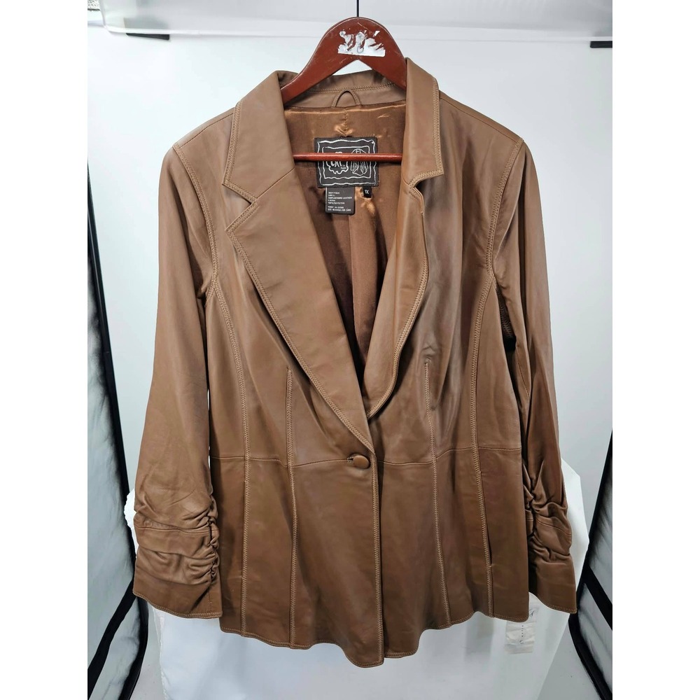 Chi by Falchi Womens 1X Tan Brown Genuine Leather Ruched Sleeve Blazer Jacket
